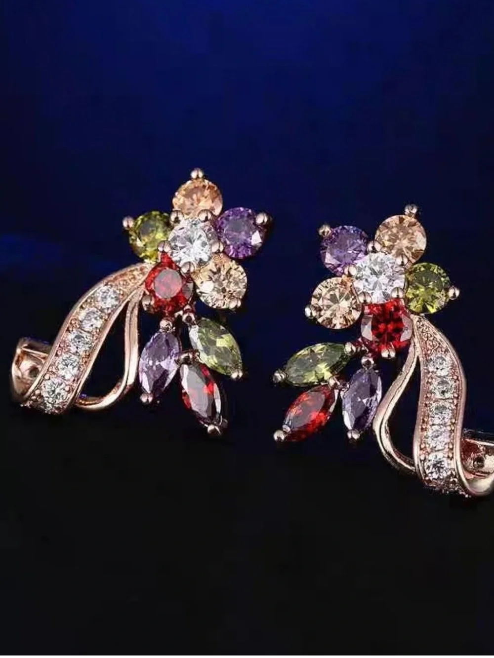 Multicolor Floral Rose Gold Earrings - Elegant Women Jewelry - Picture 2 of 6